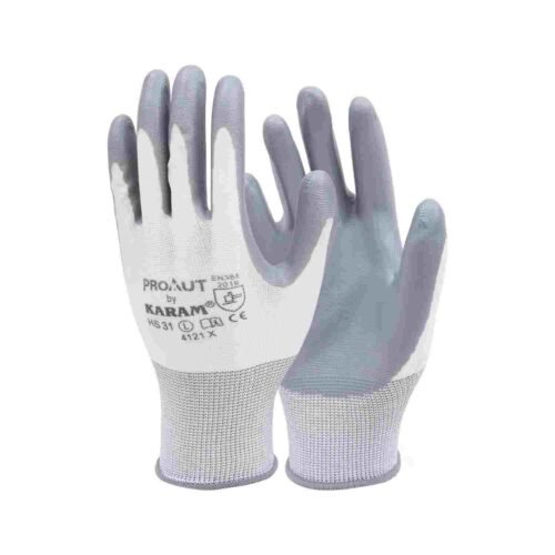 KARAM – HS31 | White Liner With Grey Nitrile Coating Hand Gloves | Large | Pack Of 12