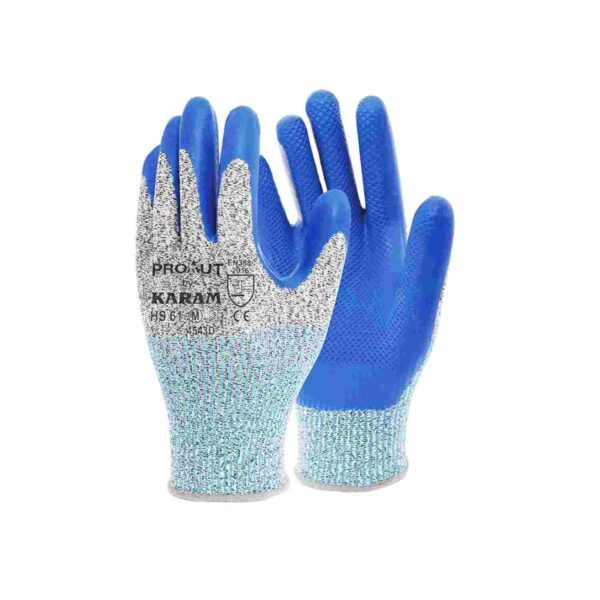 KARAM - HS61 | HPPE Liner With Blue Latex Coating Hand Gloves Large | Pack Of 12