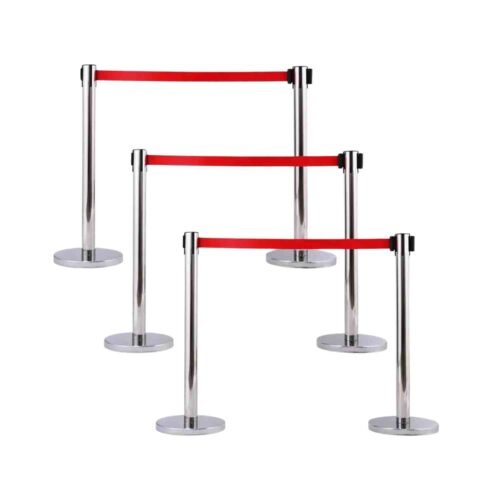 KUNPLAST – Pack Of 6 | Red Stanchion Queue Manager With Extendable 2.25 mtr Strap | 202 Grade Steel (6 Pole 3 Rope)