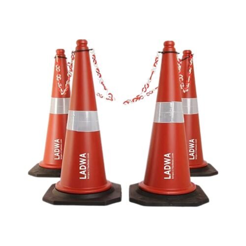 LADWA – 750mm Combo Of Impact Resistant Road 4 Traffic Safety Cones + 4 Mtr Chain + 4 Hooks With Reflective Strips Collar For Road Attention