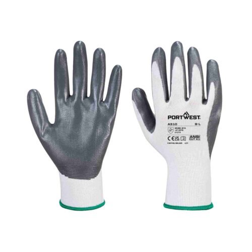 PORTWEST – A310 Flexo Grip Nitrile Gloves | Grey-White (A1 Cut Level)